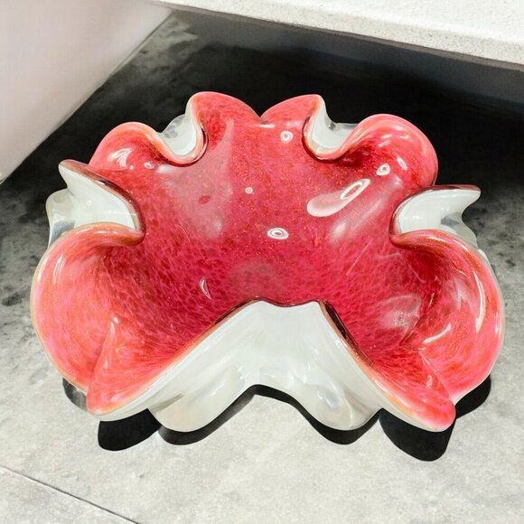 Venetian Murano Glass Folded Edges Ashtray Dish Bowl White Magenta Center Italy - Picture 1 of 16